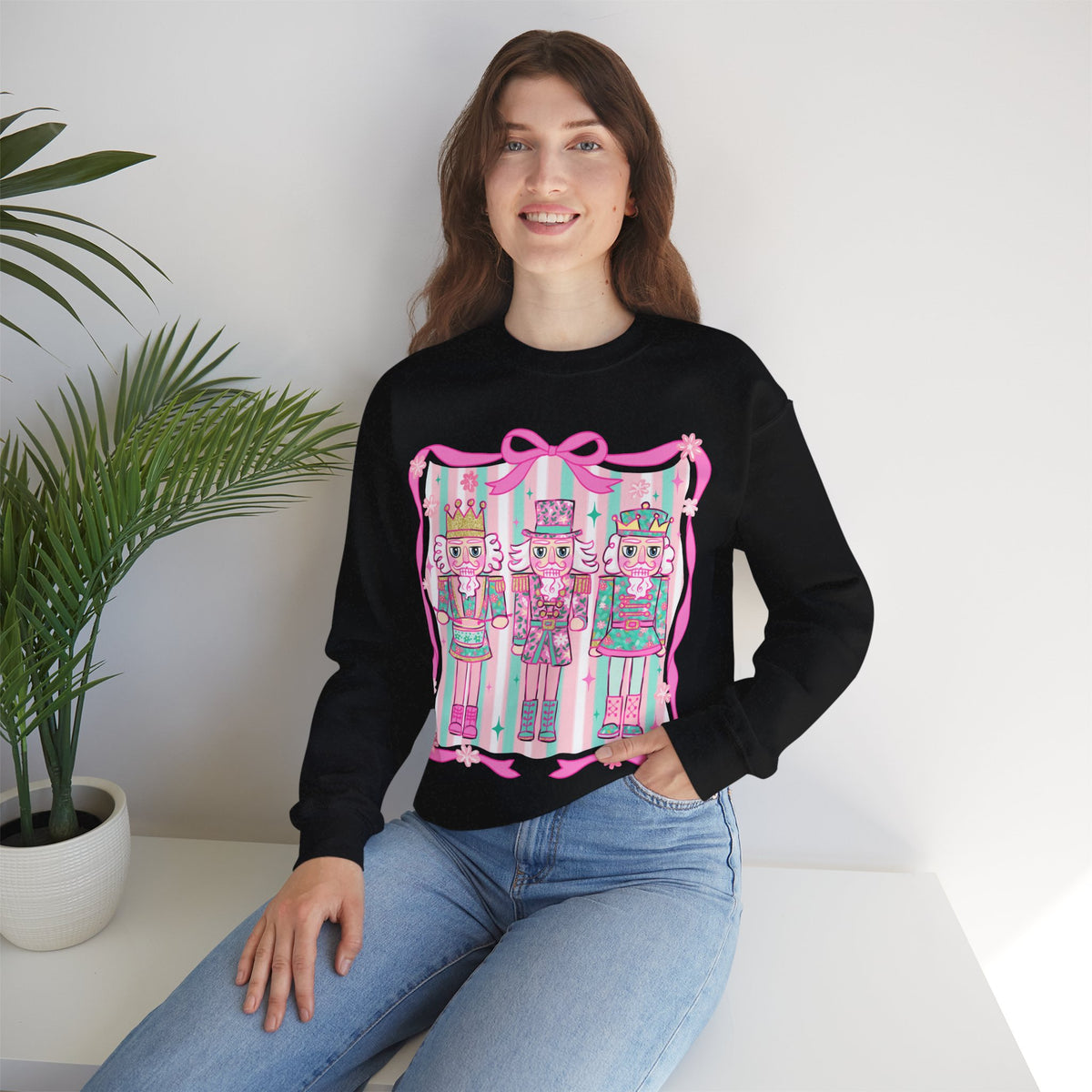 Coquette Pastel Christmas Nutcracker Trio Pink and Green – Gildan Heavy Blend | Trendy Women’s Soft Sweatshirt. Direct to Garment. Printed & Shipped in the USA. Unisex Sizes.