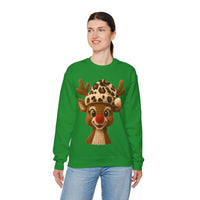 Rudolph Reindeer Leopard Santa Hat Christmas – Gildan Heavy Blend | Trendy Women’s Soft Sweatshirt. Direct to Garment. Printed & Shipped in the USA. Unisex Sizes.