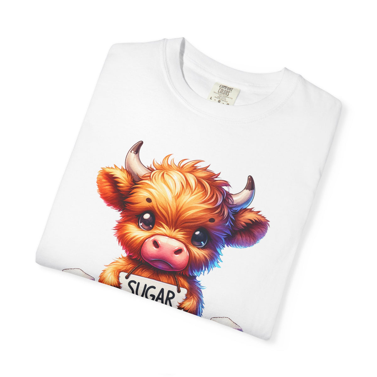Sugar Addict Highland Cow - Comfort Colors | Trendy Women's T-Shirt. Direct to Garment. Printed & Shipped in the USA. Unisex Sizes.