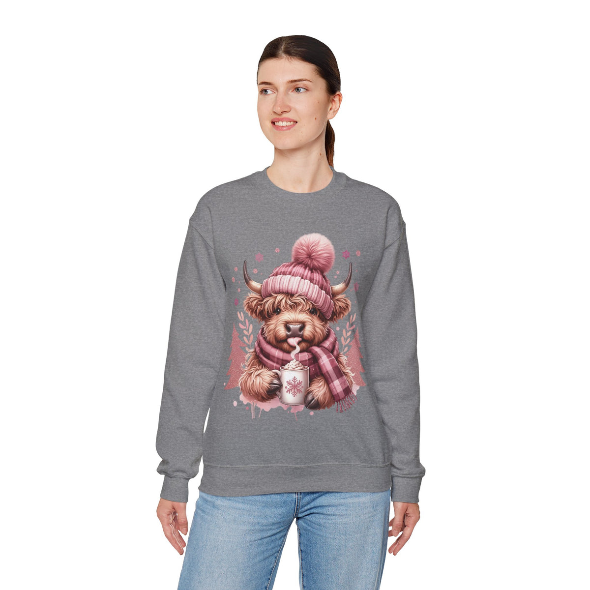 Cozy Highland Cow, Winter Coffee Mug & Scarf Pink – Gildan Heavy Blend | Trendy Women’s Soft Sweatshirt. Direct to Garment. Printed & Shipped in the USA. Unisex Sizes.
