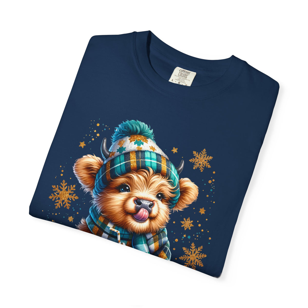 Winter Baby Highland Cow with Cocoa  - Comfort Colors | Trendy Women's T-Shirt. Direct to Garment. Printed & Shipped in the USA. Unisex Sizes.