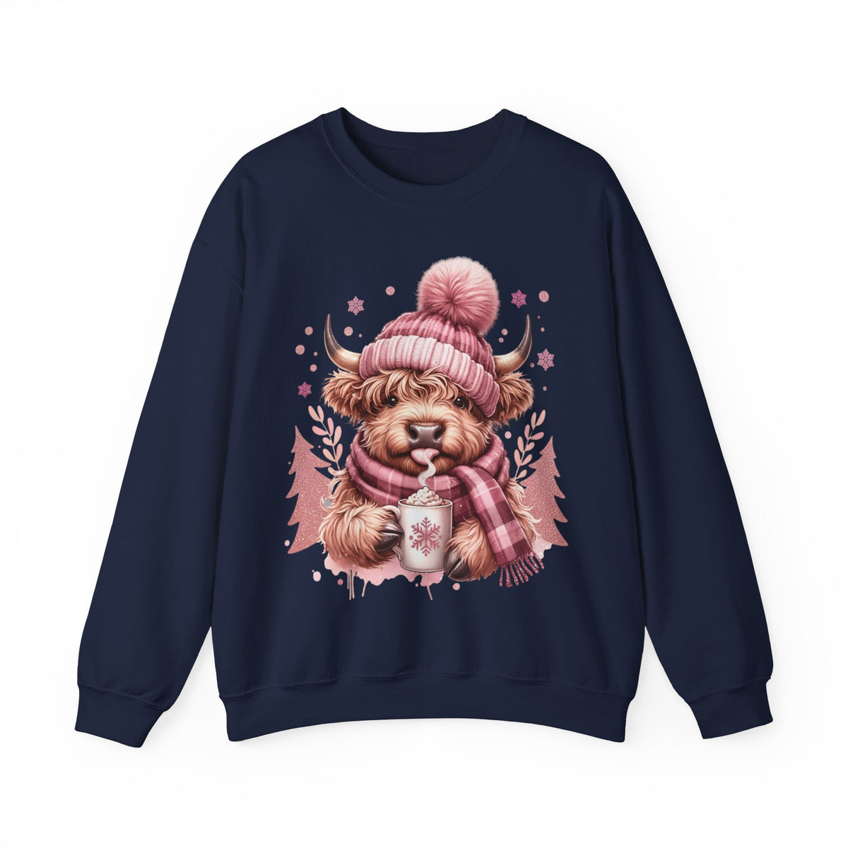 Cozy Highland Cow, Winter Coffee Mug & Scarf Pink – Gildan Heavy Blend | Trendy Women’s Soft Sweatshirt. Direct to Garment. Printed & Shipped in the USA. Unisex Sizes.