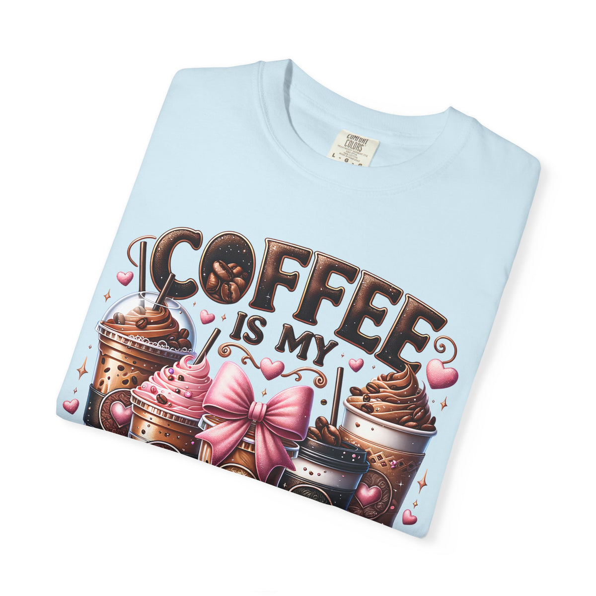 Coffee Is My Soul Food, Iced Coffee, Pink Bow - Comfort Colors | Trendy Women's T-Shirt. Direct to Garment. Printed & Shipped in the USA. Unisex Sizes.