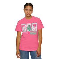 Merry & Bright Christmas — Pink & Green Holiday Tree Design - Comfort Colors | Trendy Women's T-Shirt. Direct to Garment. Printed & Shipped in the USA. Unisex Sizes.