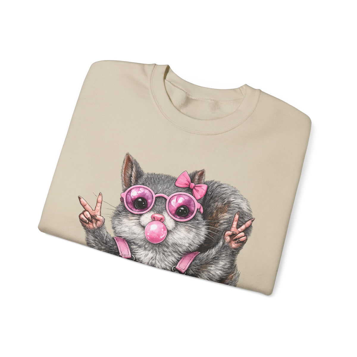 Cute But Feral, Squirrel in Pink Bibs – Gildan Heavy Blend | Trendy Women’s Soft Sweatshirt. Direct to Garment. Printed & Shipped in the USA. Unisex Sizes.