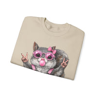 Cute But Feral, Squirrel in Pink Bibs – Gildan Heavy Blend | Trendy Women’s Soft Sweatshirt. Direct to Garment. Printed & Shipped in the USA. Unisex Sizes.