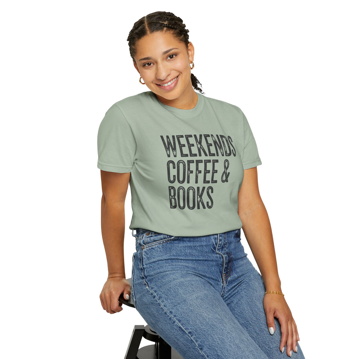 Weekends, Coffee & Books - Comfort Colors | Trendy Women's and Men's T-Shirt. Direct to Garment. Printed & Shipped in the USA. Unisex Sizes.