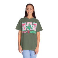 Merry & Bright Christmas — Pink & Green Holiday Tree Design - Comfort Colors | Trendy Women's T-Shirt. Direct to Garment. Printed & Shipped in the USA. Unisex Sizes.