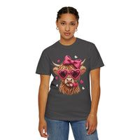 Highland Cow - Pink Heart Shaped Glasses - Comfort Colors | Trendy Women's T-Shirt. Direct to Garment. Printed & Shipped in the USA. Unisex Sizes.