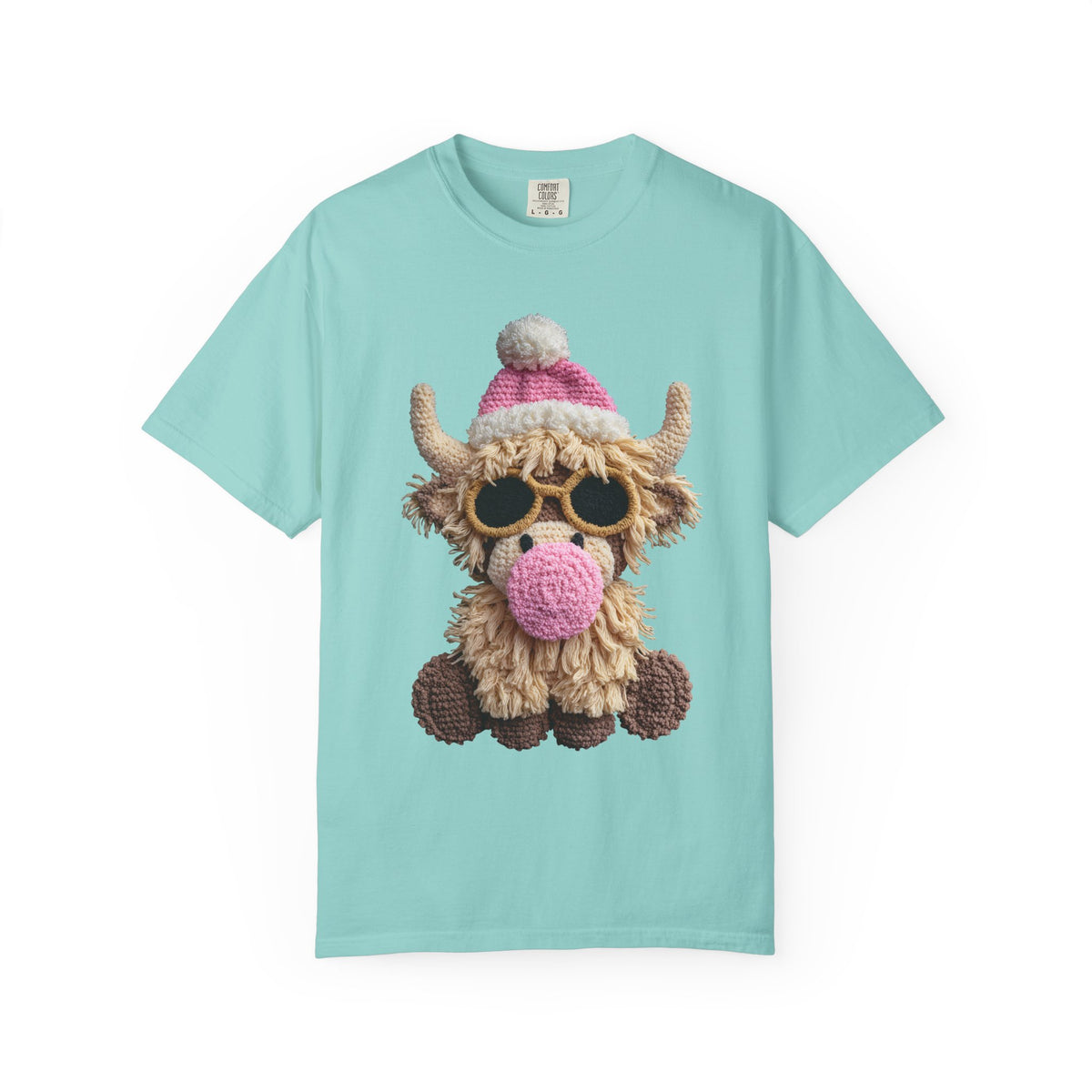 Faux Crochet Highland Cow Bubblegum - Comfort Colors | Trendy Women's T-Shirt. Direct to Garment. Printed & Shipped in the USA. Unisex Sizes.
