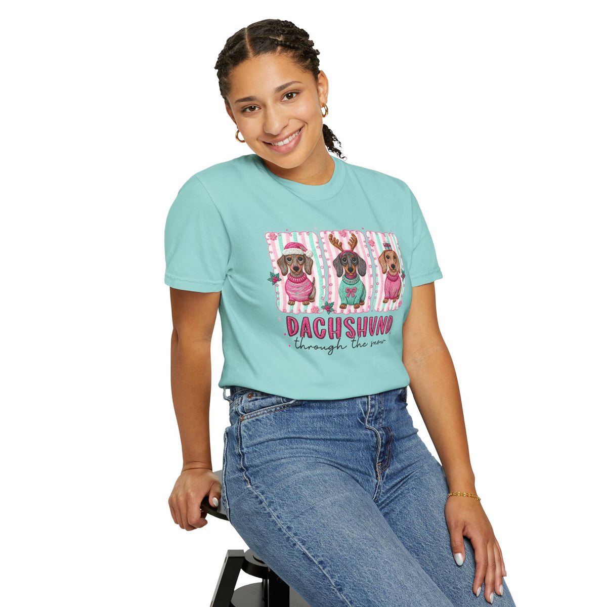 Dachshund Through the Snow - Comfort Colors | Trendy Women's T-Shirt. Direct to Garment. Printed & Shipped in the USA. Unisex Sizes.