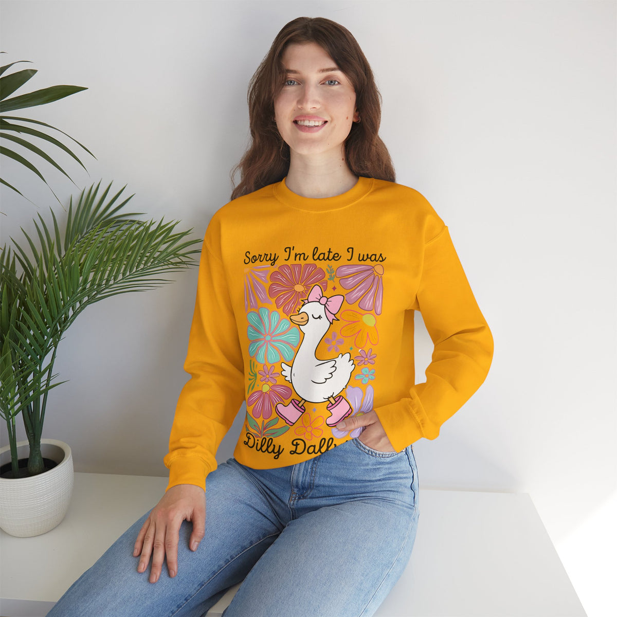 Sorry I'm Late I Was Dilly Dallying Cute Floral Duck – Gildan Heavy Blend | Trendy Women’s Soft Sweatshirt. Direct to Garment. Printed & Shipped in the USA. Unisex Sizes.