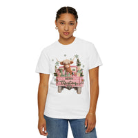 Highland Cow in Pink Truck Merry Christmas Holiday Farmhouse - Comfort Colors | Trendy Women's T-Shirt. Direct to Garment. Printed & Shipped in the USA. Unisex Sizes.