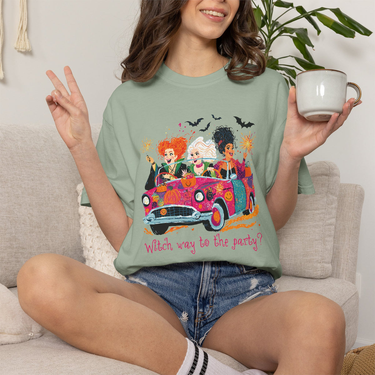 Witch Way to the Party? - Comfort Colors | Trendy Women's T-Shirt. Direct to Garment. Printed & Shipped in the USA. Unisex Sizes.