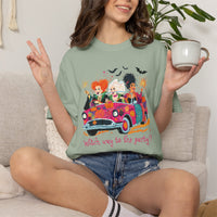 Witch Way to the Party? - Comfort Colors | Trendy Women's T-Shirt. Direct to Garment. Printed & Shipped in the USA. Unisex Sizes.