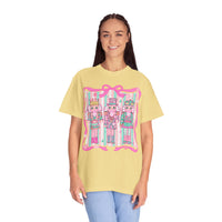Coquette Pastel Christmas Nutcracker Trio Pink and Green - Comfort Colors | Trendy Women's T-Shirt. Direct to Garment. Printed & Shipped in the USA. Unisex Sizes.