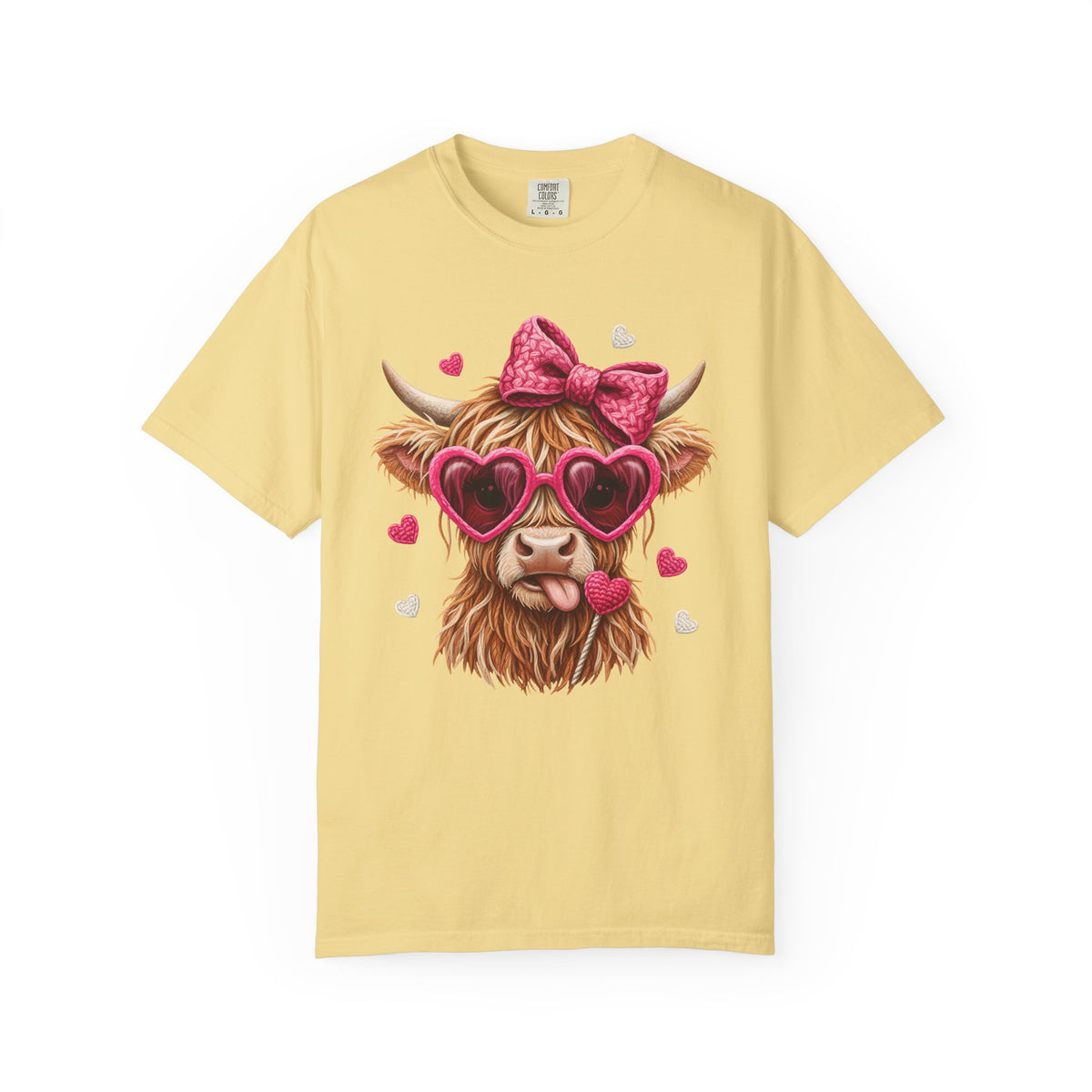Highland Cow - Pink Heart Shaped Glasses - Comfort Colors | Trendy Women's T-Shirt. Direct to Garment. Printed & Shipped in the USA. Unisex Sizes.