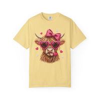 Highland Cow - Pink Heart Shaped Glasses - Comfort Colors | Trendy Women's T-Shirt. Direct to Garment. Printed & Shipped in the USA. Unisex Sizes.