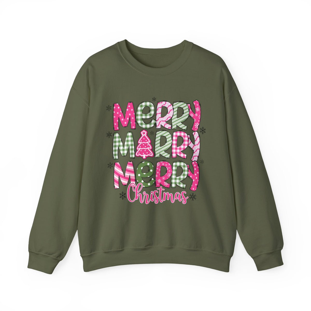 Merry Merry Merry Christmas Festive Candy Cane - Pink and Green – Gildan Heavy Blend | Trendy Women’s Soft Sweatshirt. Direct to Garment. Printed & Shipped in the USA. Unisex Sizes.