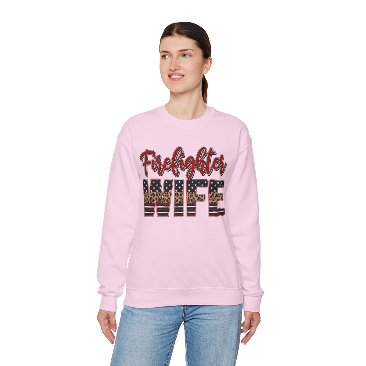 Firefighter Wife Patriotic Flag Lettering for Firefighter Spouse – Gildan Heavy Blend | Trendy Women’s Soft Sweatshirt. Direct to Garment. Printed & Shipped in the USA. Unisex Sizes.
