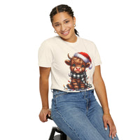 Cute Highland Cow Santa Hat Scarf Christmas Lights - Comfort Colors | Trendy Unisex T-Shirt. Direct to Garment. Printed & Shipped in the USA. Unisex Sizes.