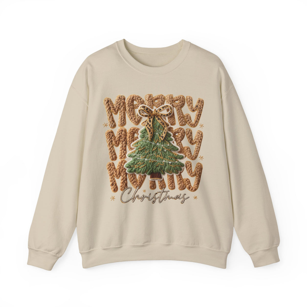 Merry Merry Merry Christmas, Faux Latch Hook Yarn – Gildan Heavy Blend | Trendy Women’s Soft Sweatshirt. Direct to Garment. Printed & Shipped in the USA. Unisex Sizes.