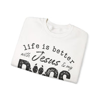 Life is Better With Jesus and My Dogs – Gildan Heavy Blend | Trendy Women’s and Men's Soft Sweatshirt. Direct to Garment. Printed & Shipped in the USA. Unisex Sizes.