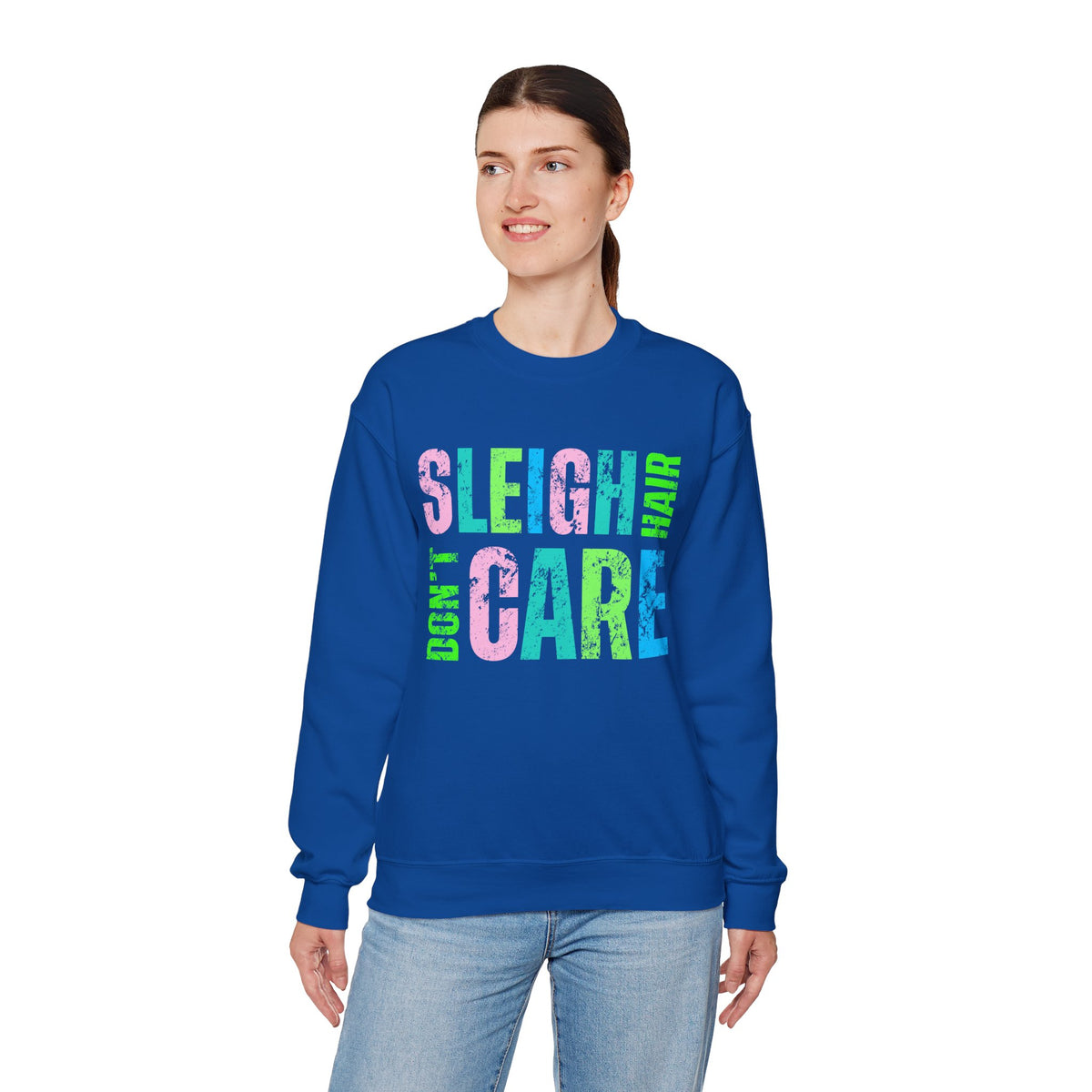 Sleigh Hair Don’t Care, Funny Christmas Graphic Tee – Gildan Heavy Blend | Trendy Women’s Soft Sweatshirt. Direct to Garment. Printed & Shipped in the USA. Unisex Sizes.