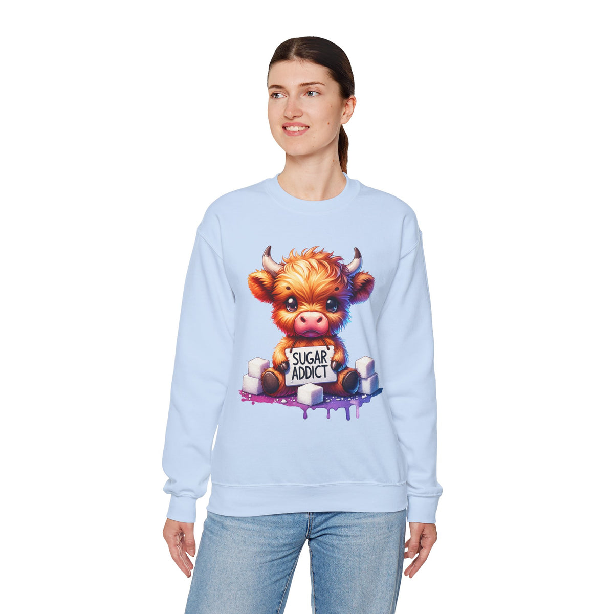 Sugar Addict Highland Cow – Gildan Heavy Blend | Trendy Women’s Soft Sweatshirt. Direct to Garment. Printed & Shipped in the USA. Unisex Sizes.