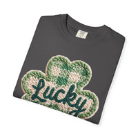 Lucky Shamrock Faux Knit - Comfort Colors | Trendy Men's and Women's T-Shirt. Direct to Garment. Printed & Shipped in the USA. Unisex Sizes.