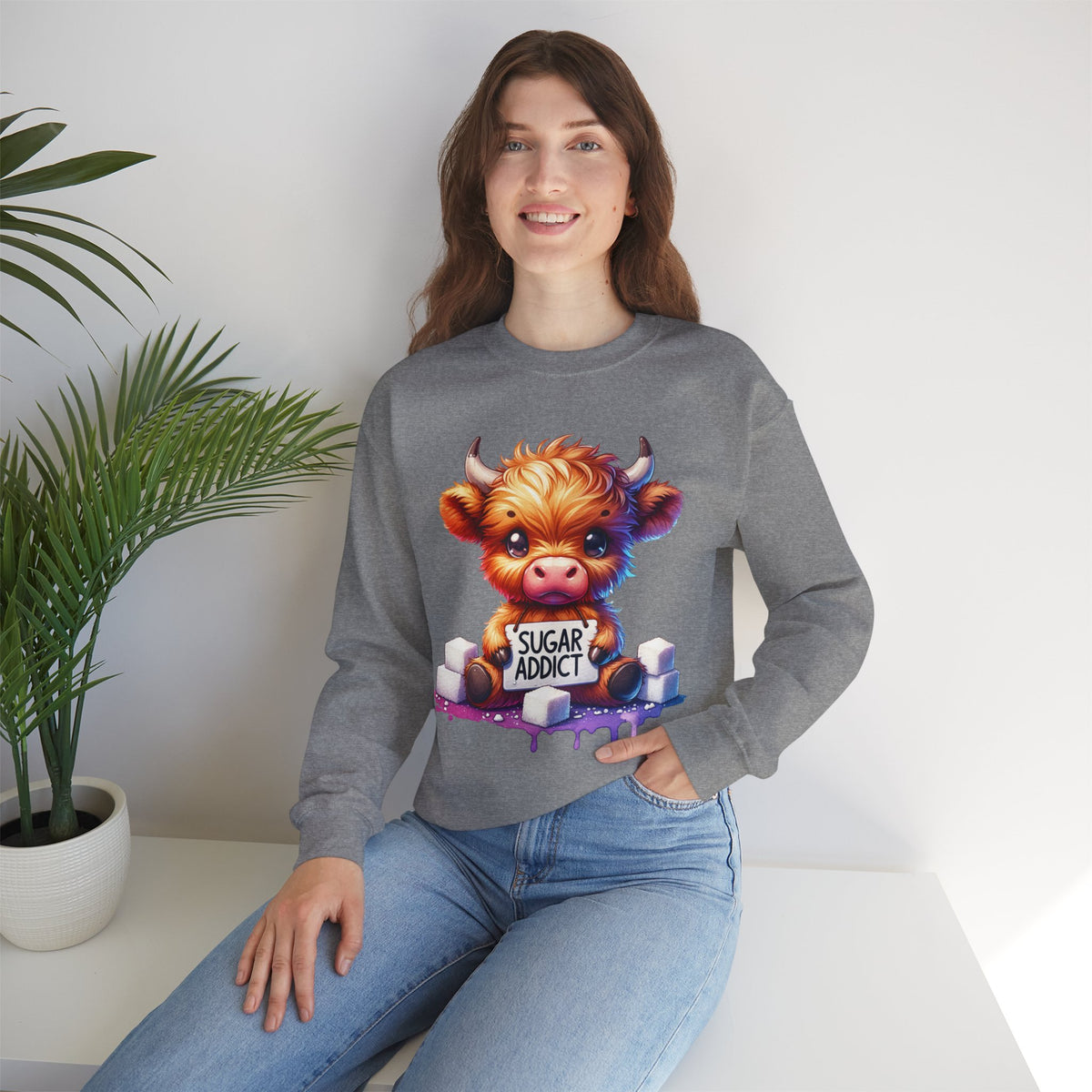 Sugar Addict Highland Cow – Gildan Heavy Blend | Trendy Women’s Soft Sweatshirt. Direct to Garment. Printed & Shipped in the USA. Unisex Sizes.