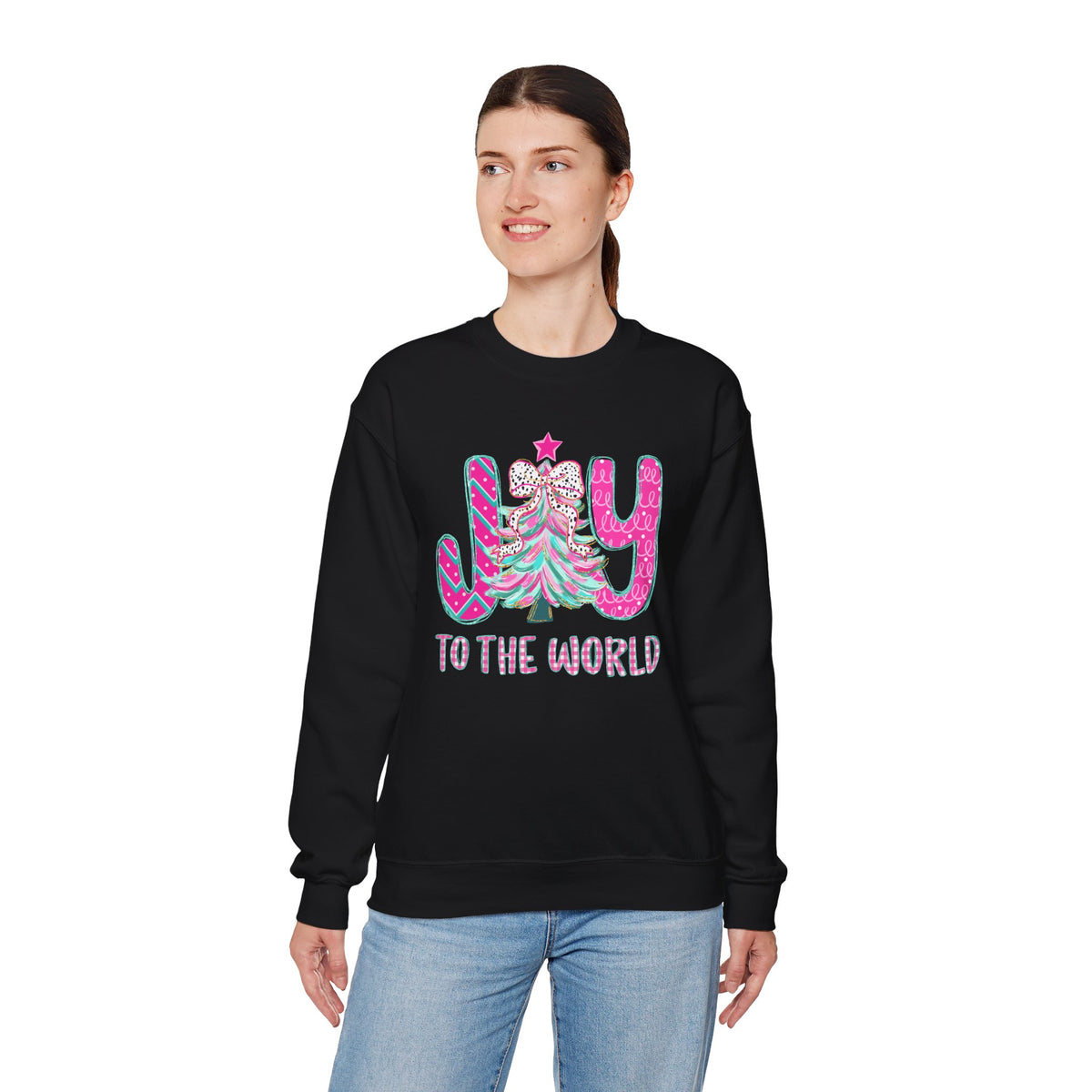 Joy to the World w/Christmas Tree Pink and Teal – Gildan Heavy Blend | Trendy Women’s Soft Sweatshirt. Direct to Garment. Printed & Shipped in the USA. Unisex Sizes.