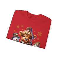 Cute Highland Cow with Snowmen, Winter – Gildan Heavy Blend | Trendy Women’s Soft Sweatshirt. Direct to Garment. Printed & Shipped in the USA. Unisex Sizes.
