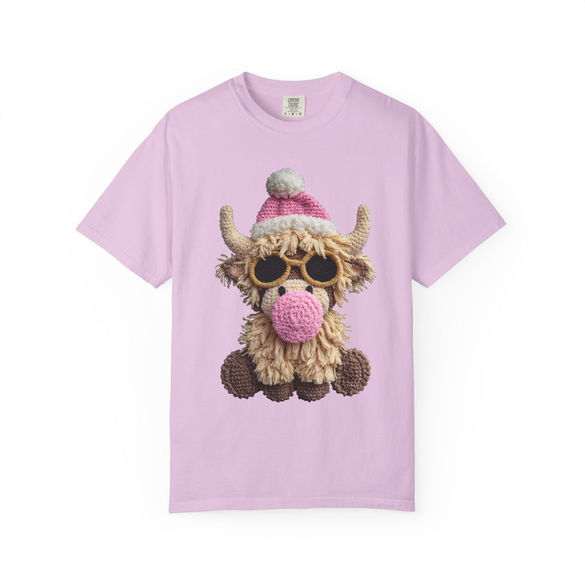 Faux Crochet Highland Cow Bubblegum - Comfort Colors | Trendy Women's T-Shirt. Direct to Garment. Printed & Shipped in the USA. Unisex Sizes.