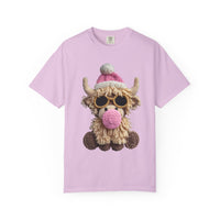 Faux Crochet Highland Cow Bubblegum - Comfort Colors | Trendy Women's T-Shirt. Direct to Garment. Printed & Shipped in the USA. Unisex Sizes.