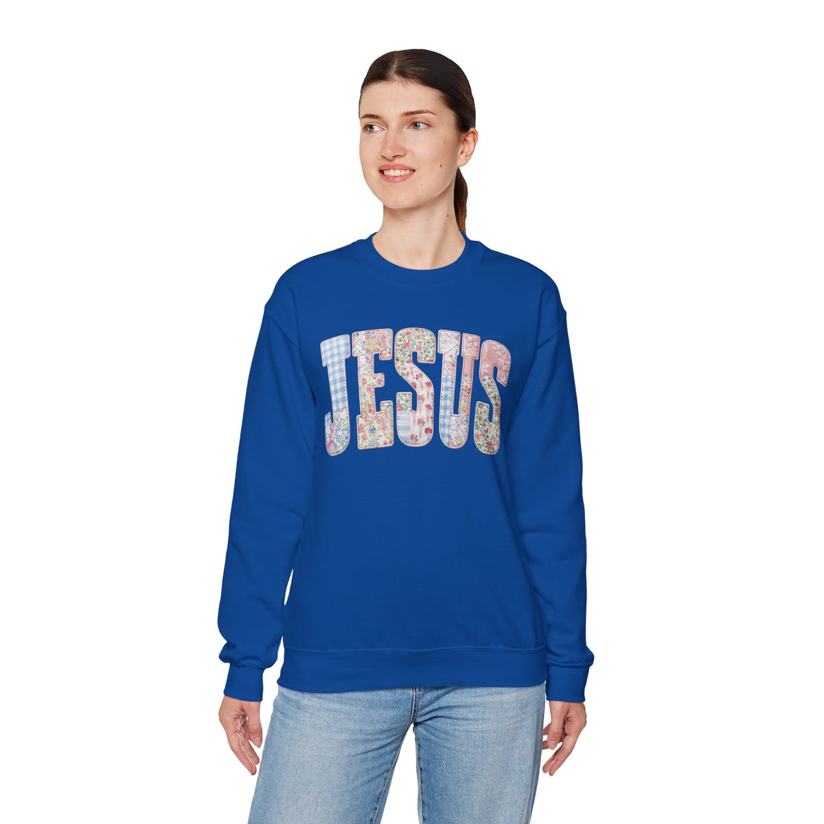 Jesus faux Patchwork – Gildan Heavy Blend | Trendy Women’s Soft Sweatshirt. Direct to Garment. Printed & Shipped in the USA. Unisex Sizes.
