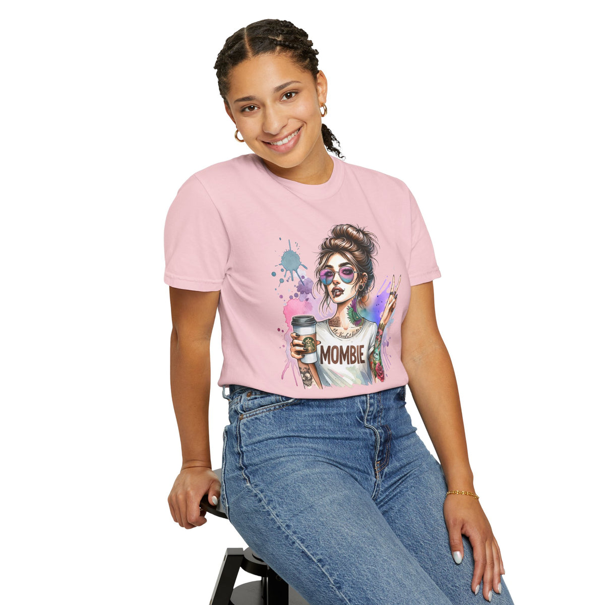 Cool Mombie with Coffee Peace Tattoo - Comfort Colors | Trendy Women's T-Shirt. Direct to Garment. Printed & Shipped in the USA. Unisex Sizes.