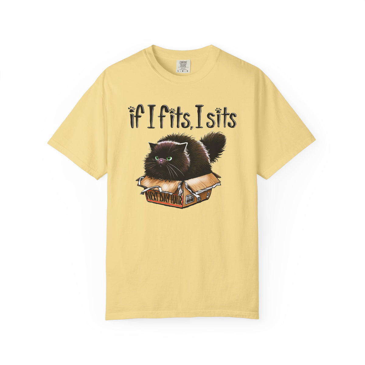 If I Fits I Sits, Cat in a Box - Comfort Colors | Trendy Women's and Men's T-Shirt. Direct to Garment. Printed & Shipped in the USA. Unisex Sizes.