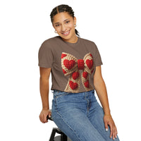 Faux Crochet Valentine Bow - Comfort Colors | Trendy Women's T-Shirt. Direct to Garment. Printed & Shipped in the USA. Unisex Sizes.