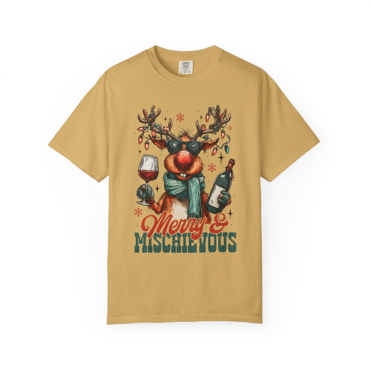 Merry & Mischievous Reindeer - Comfort Colors | Trendy Women's and Men's T-Shirt. Direct to Garment. Printed & Shipped in the USA. Unisex Sizes.