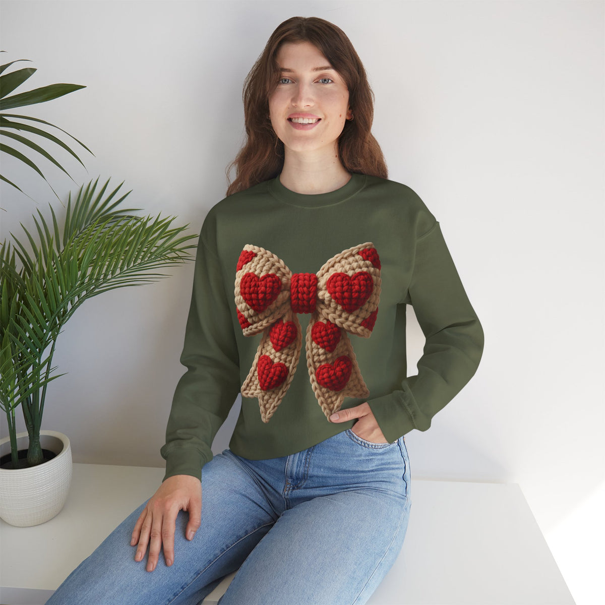 Faux Crochet Valentine Bow – Gildan Heavy Blend | Trendy Women’s Soft Sweatshirt. Direct to Garment. Printed & Shipped in the USA. Unisex Sizes.