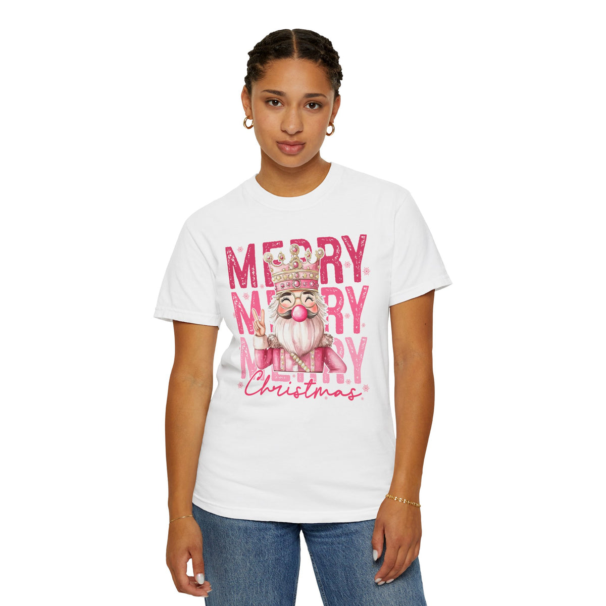 Merry Christmas — Cute Pink Bubblegum Nutcracker  - Comfort Colors | Trendy Women's T-Shirt. Direct to Garment. Printed & Shipped in the USA. Unisex Sizes.
