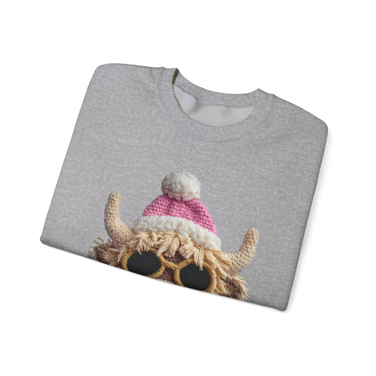 Faux Crochet Highland Cow Bubblegum – Gildan Heavy Blend | Trendy Women’s Soft Sweatshirt. Direct to Garment. Printed & Shipped in the USA. Unisex Sizes.