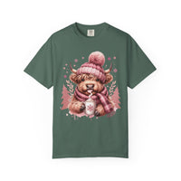 Cozy Highland Cow, Winter Coffee Mug & Scarf - Comfort Colors | Trendy Women's T-Shirt. Direct to Garment. Printed & Shipped in the USA. Unisex Sizes.
