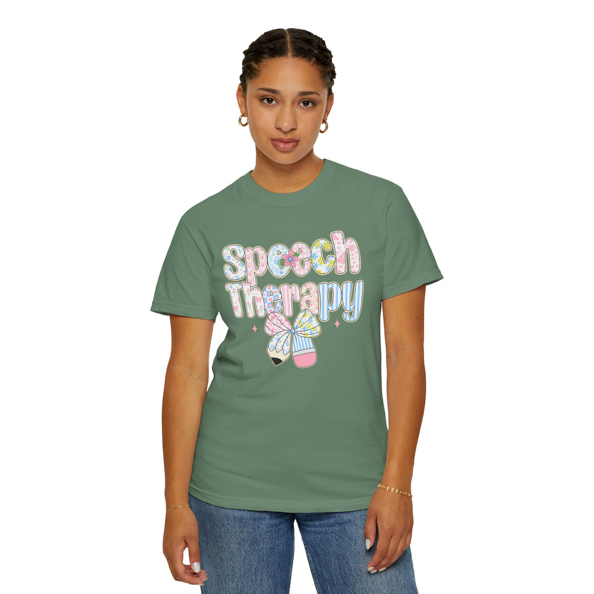 Speech Therapy - Pink Blue Coquette - Comfort Colors | Trendy Women's T-Shirt. Direct to Garment. Printed & Shipped in the USA. Unisex Sizes.