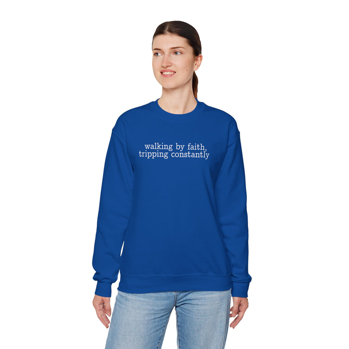 Walking By Faith, Tripping Constantly - Minimalist Design – Gildan Heavy Blend | Trendy Men's and Women’s Soft Sweatshirt. Direct to Garment. Printed & Shipped in the USA. Unisex Sizes.