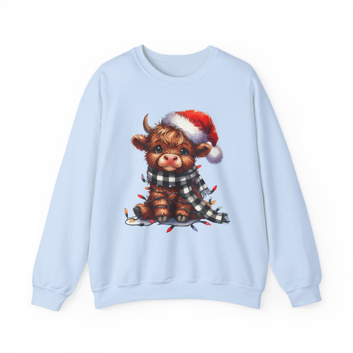 Cute Highland Cow Santa Hat Scarf Christmas Lights – Gildan Heavy Blend | Trendy Women’s Soft Sweatshirt. Direct to Garment. Printed & Shipped in the USA. Unisex Sizes.
