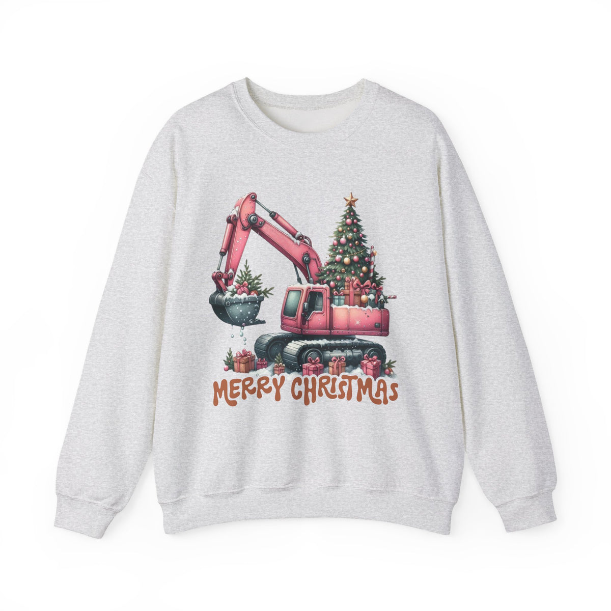 Excavator Merry Christmas Construction – Gildan Heavy Blend | Trendy Women’s Soft Sweatshirt. Direct to Garment. Printed & Shipped in the USA. Unisex Sizes.