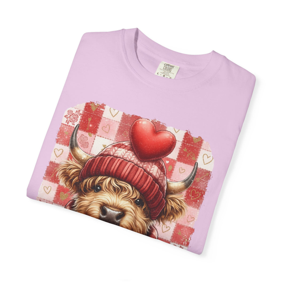 Highland Cow Be Mine, Red Checkered - Comfort Colors | Trendy Women's T-Shirt. Direct to Garment. Printed & Shipped in the USA. Unisex Sizes.