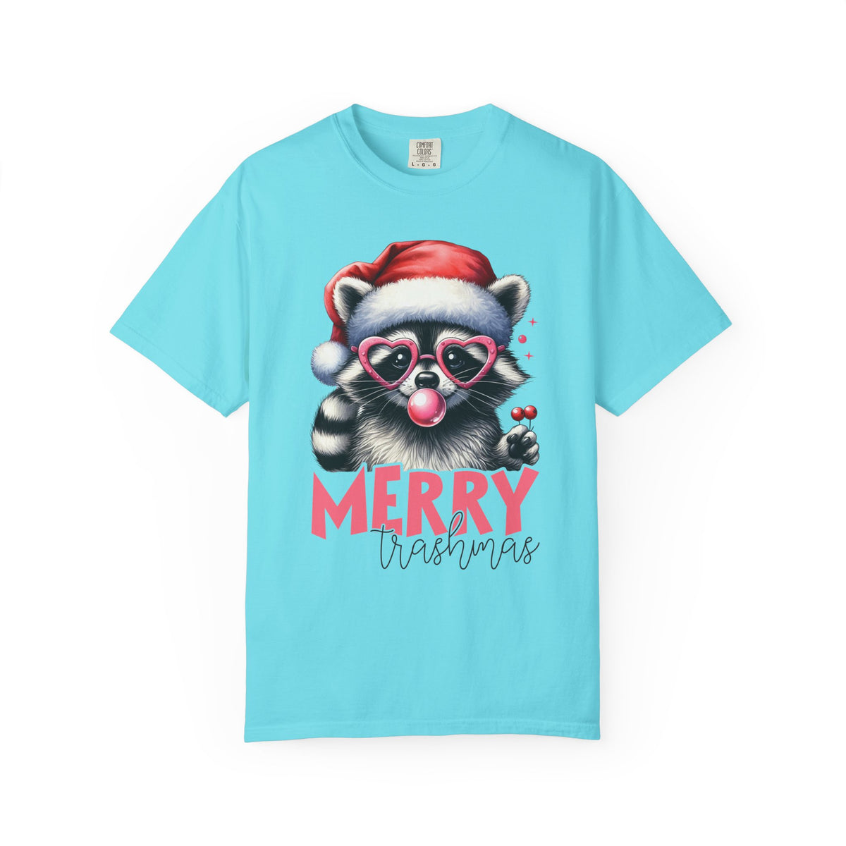 Merry Trashmas Bubblegum Raccoon w/Santa Hat Christmas - Comfort Colors | Trendy Women's T-Shirt. Direct to Garment. Printed & Shipped in the USA. Unisex Sizes.